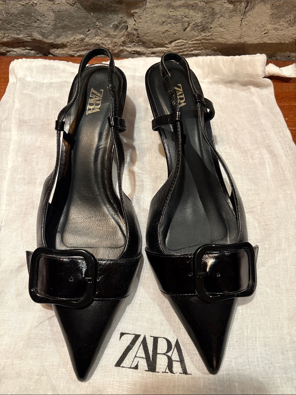 Zara Black Patent Pointed Slingback Flats with Buckle